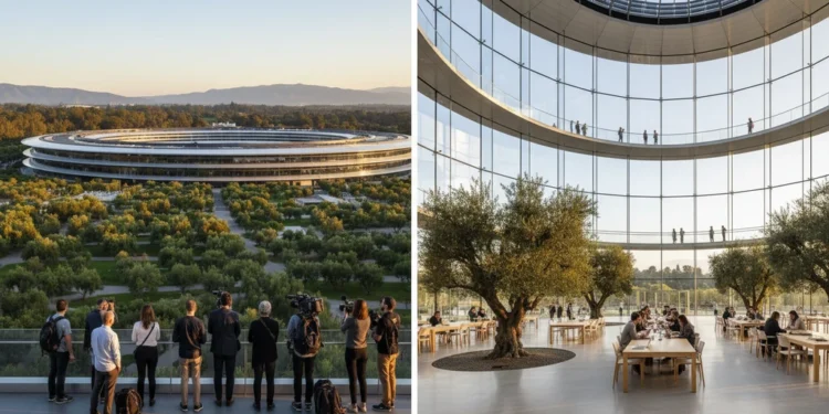 Visual description of the Apple Park in Cupertino, California, showcasing its circular design and modern glass exterior with a serene green landscape and an open atrium filled with natural light.