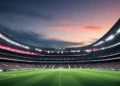 Debut Manis Wales di Piala Eropa Santiago Bernabéu Stadium at dusk, with its iconic white and red stripes illuminated, and the Real Madrid crest prominently displayed above the main entrance. The stadium's grand entrance and the empt