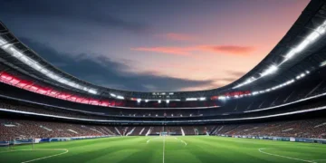 Santiago Bernabéu Stadium at dusk, with its iconic white and red stripes illuminated, and the Real Madrid crest prominently displayed above the main entrance. The stadium's grand entrance and the empt