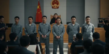 A dramatic courtroom scene where six individuals, including the owner of a kindergarten, are being sentenced for a mass lead poisoning incident that affected 247 children in Tianshui, China. The image captures the gravity of the situation with strong lighting and a sharp focus on the faces of the defendants and the judge, set against a backdrop of a modern courtroom.