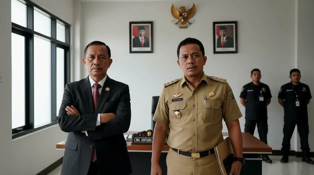The image depicts the KPK headquarters with its glass facade and emblem, surrounded by busy KPK staff and investigators, and the Jakarta skyline with the Merdeka Palace in the background, symbolizing