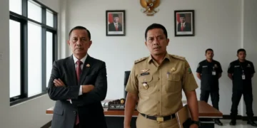 The image depicts the KPK headquarters with its glass facade and emblem, surrounded by busy KPK staff and investigators, and the Jakarta skyline with the Merdeka Palace in the background, symbolizing