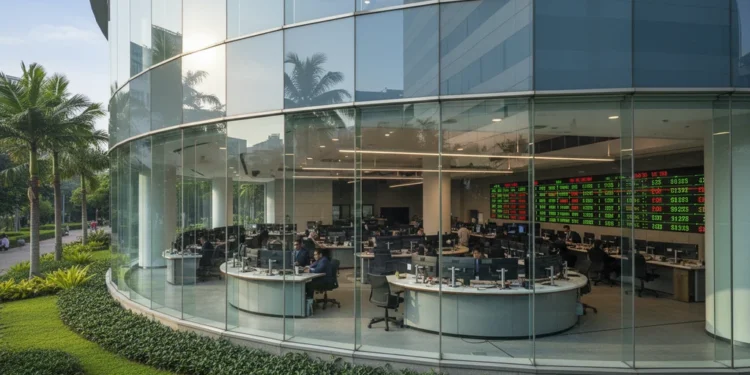 BEI Turunkan Batas ARB Saham dari 15% Menjadi 7% A modern glass and steel facade of the Jakarta Stock Exchange building reflecting sunlight, surrounded by a well-manicured garden, with natural light flooding the interior trading floor, symbolizing r