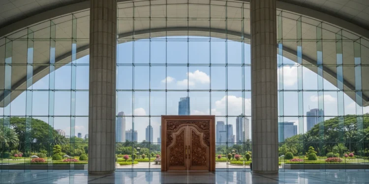 Wakil Ketua Komisi IX DPR Dukung Fatwa Haram Vape A grand entrance of the DPR building in Jakarta, with a sleek glass facade and ornate door, reflecting sunlight. The interior is bright with large windows, and the background shows greenery of the sur