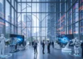 Google Imbau Matikan 2G di Android: Ini Alasannya! A modern conference center with a large glass facade and intricate geometric patterns, reflecting city lights. Inside, high ceilings and open spaces with robotic displays, showcasing the innovative sp