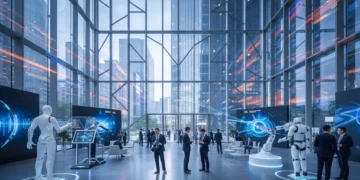 A modern conference center with a large glass facade and intricate geometric patterns, reflecting city lights. Inside, high ceilings and open spaces with robotic displays, showcasing the innovative sp