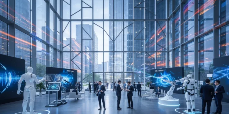 A modern conference center with a large glass facade and intricate geometric patterns, reflecting city lights. Inside, high ceilings and open spaces with robotic displays, showcasing the innovative sp