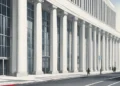 A modern government building with a large sign reading 'Kementerian Sosial'. The building features glass facades and sleek white exterior, with two imposing pillars at the entrance. Inside, the buildi