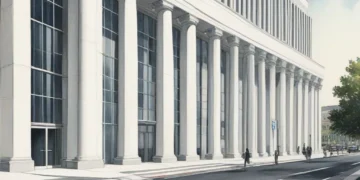A modern government building with a large sign reading 'Kementerian Sosial'. The building features glass facades and sleek white exterior, with two imposing pillars at the entrance. Inside, the buildi