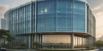 BMKG headquarters in Jakarta with a large digital screen displaying weather data. The building has sleek glass facades and a prominent signboard at the entrance. The background shows a clear sky with