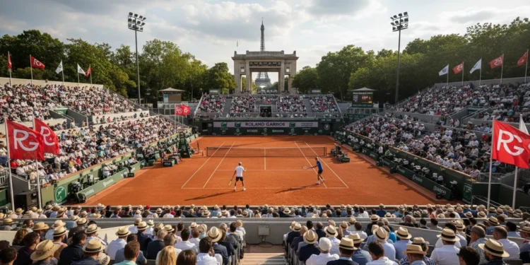 14 Wakil Indonesia di French Open 2026: Ambisi Merah Putih di Prancis The image shows the Roland Garros Stadium in Paris, France, with Court Philippe Chatrier and vibrant red and white flags. The atmosphere is filled with excitement for the upcoming French Open tennis t