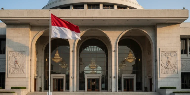 The grand entrance of the DPR building in Jakarta, with its intricate facade, national flag, and illuminated interior hall, symbolizing the serious discussions about the proposed bill on asset seizure