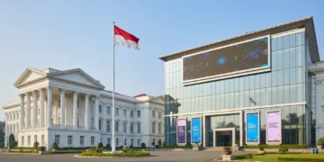 A modern building with large glass windows and digital displays, set against a clear blue sky with soft morning sunlight. The surroundings are clean and green, with digital screens displaying educatio