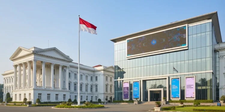 Digitalisasi Pendidikan Prabowo: Teknologi Untuk Pemerataan Akses Belajar A modern building with large glass windows and digital displays, set against a clear blue sky with soft morning sunlight. The surroundings are clean and green, with digital screens displaying educatio
