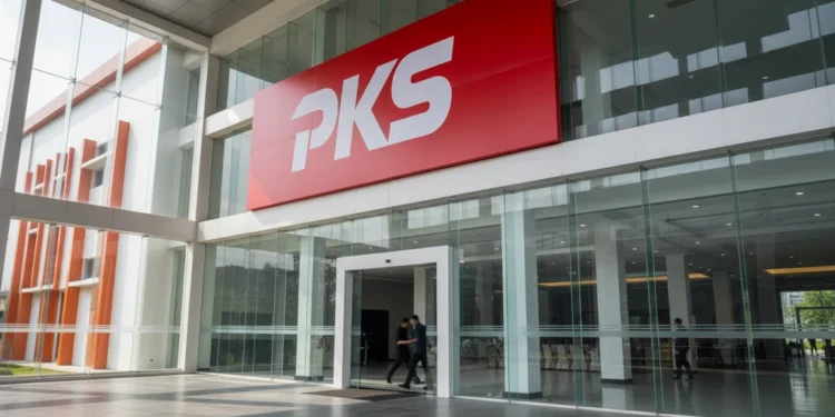 Presiden PKS: Ada Perlakuan Tak Sama dalam Penanganan Ijazah Gibran A grand entrance of the PKS Party Headquarters with a vibrant red banner and modern glass facade, symbolizing the party's commitment to transparency and fair treatment.