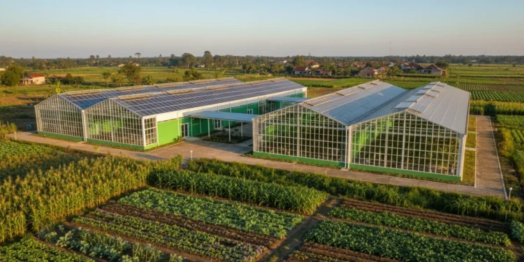 A modern agricultural facility with greenhouses and solar panels in Makassar, Sulsel, symbolizing the advancement in farming technology and the positive impact of the Electrifying Agriculture program