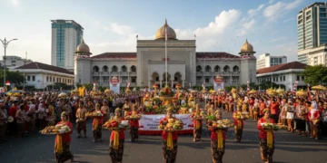 A festive scene in Makassar celebrating the 357th anniversary of South Sulawesi with a food procession passing by the grand Makassar City Hall, surrounded by traditional and modern buildings, and peop