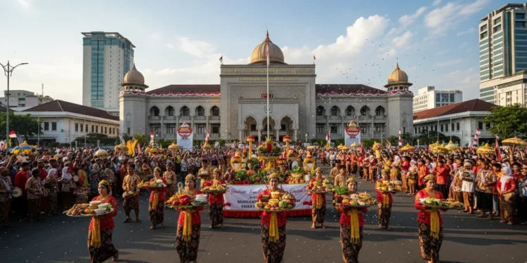 Sulsel Merayakan HUT ke-357 dengan Kirab Pangan dan Aksi Daerah A festive scene in Makassar celebrating the 357th anniversary of South Sulawesi with a food procession passing by the grand Makassar City Hall, surrounded by traditional and modern buildings, and peop