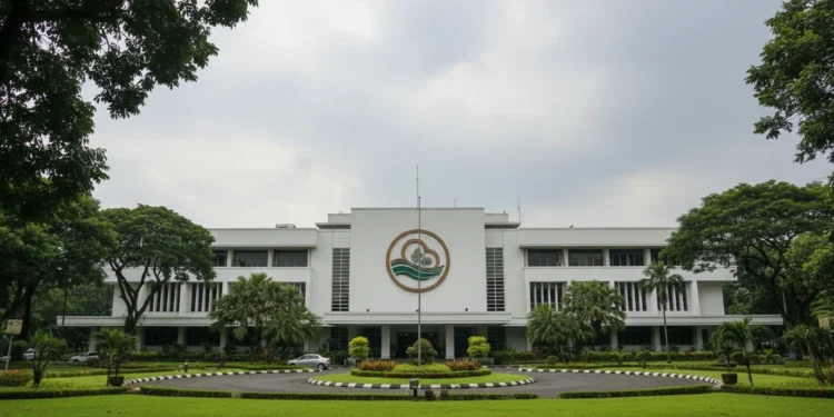 BMKG's main building in Jakarta is shown with its modern, white exterior and prominent logo. The building is surrounded by greenery, and the sky is overcast with light clouds, suggesting potential rai