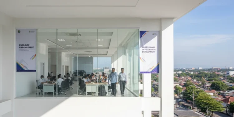 The image shows the main building of the Regional Office of the Directorate General of Civil Aviation (Ditjenpas) in Makassar, Sulsel, with a modern white facade and official logo. Inside, the office