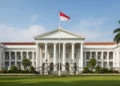 Pencarian Pesawat Hilang di Sulsel: Gubernur Imbau Warga Tetap Tenang, Tunggu Info Resmi Tim SAR A grand entrance to the Istana Negara, the official residence of the President of Indonesia, surrounded by greenery and bathed in natural sunlight, symbolizing the transition and uncertainty of the ne