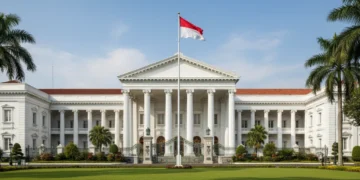 A grand entrance to the Istana Negara, the official residence of the President of Indonesia, surrounded by greenery and bathed in natural sunlight, symbolizing the transition and uncertainty of the ne