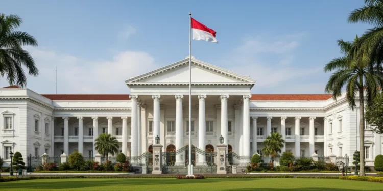 A grand entrance to the Istana Negara, the official residence of the President of Indonesia, surrounded by greenery and bathed in natural sunlight, symbolizing the transition and uncertainty of the ne