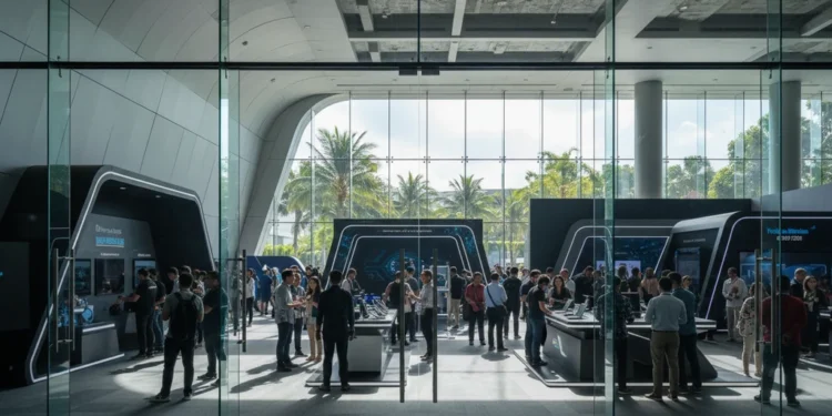 Bali Convention Center with its modern glass facade and vibrant interior filled with tech enthusiasts and professionals engaged in discussions and demonstrations, symbolizing the innovation and collab