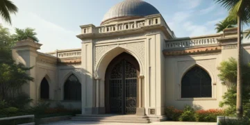 A serene entrance to the Makassar Prison, featuring iron gates and a pathway leading to a modern and traditional blend of architecture, including a central dome and minarets. The surroundings are lush