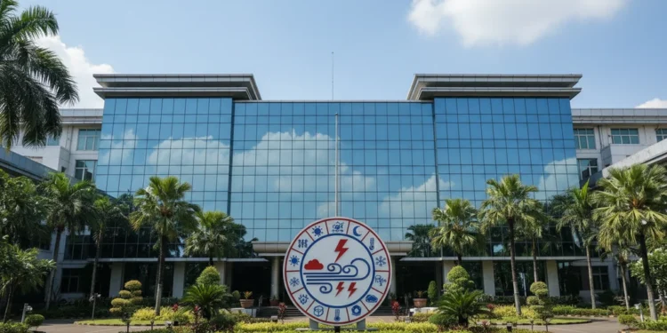 BMKG Peringatkan Hujan Lebat dan Angin Kencang di Sumut Hingga 26 Oktober The main building of BMKG in Jakarta stands prominently, with its glass facade and circular logo. The surrounding greenery and clear blue sky reflect the agency's commitment to environmental monitorin