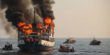 A burning KMP Batu Mandi in Selat Sunda with passengers being evacuated, dramatic lighting, rescue boats approaching, editorial photojournalism style