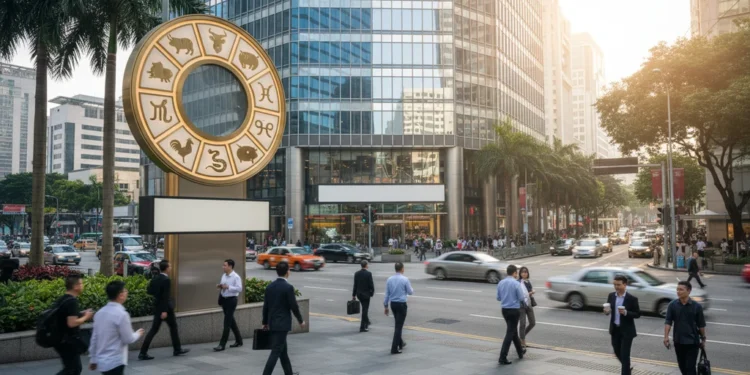 Ramalan Shio 19-25 Oktober 2026: Siapa yang Beruntung? A modern building with Chinese zodiac symbols, located in a busy urban area, symbolizing business and economic activity.