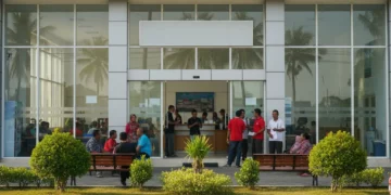 The image shows the entrance of the Makassar Fisheries Office with a signboard reading 'Dinas Perikanan Makassar'. Inside, fisherman and their families are seen discussing the recent increase in fuel