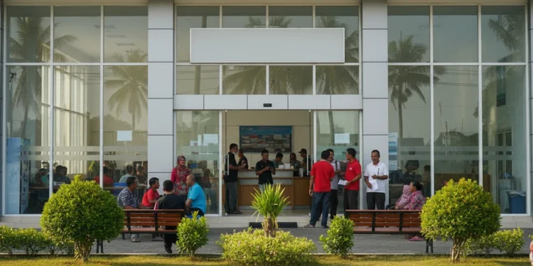 Kenaikan Harga Solar Berdampak pada Nelayan Paotere Makassar The image shows the entrance of the Makassar Fisheries Office with a signboard reading 'Dinas Perikanan Makassar'. Inside, fisherman and their families are seen discussing the recent increase in fuel