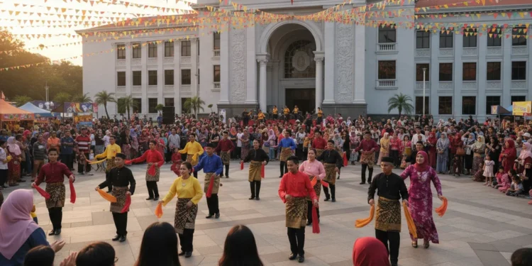 Joget dan Lelucon Presiden Jadi Sorotan Publik Sebuah taman kota yang ramai dengan orang-orang menonton dan berpartisipasi dalam penari joget yang menari. Bangunan pemerintah modern dengan detail arsitektur yang indah menjadi latar belakang, menan