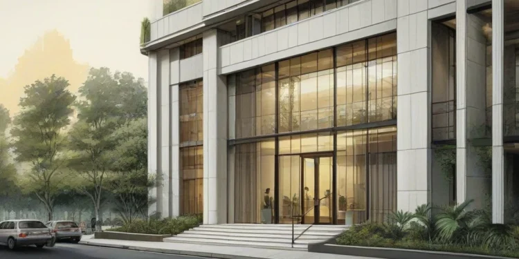 Yudi Pratama Kritik Pelaporan LHKPN Kadis PUPR Batu Bara The main building of the Ministry of Public Works and Housing in Batu Bara is shown, with its modern glass facade and ornate entrance. The building is surrounded by greenery and illuminated by soft li