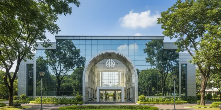 Pakar Google Dorong UM Bandung Siapkan Talenta Adaptif The main building of Universitas Mercu Buana in Jakarta is shown, featuring a modern glass facade and a large arched entrance with the UM logo. The interior is bright and open, surrounded by greenery,