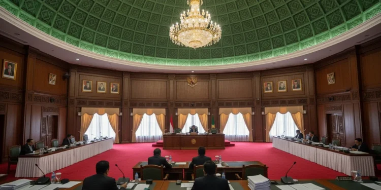 Komisi X DPR Mendukung Kebijakan Tidak Naik Kelas Mulai 2027 The interior of the DPR Commission X meeting hall in Jakarta, with a grand ceiling, dark wood panels, and a formal atmosphere where commissioners are discussing the policy of not increasing student cl