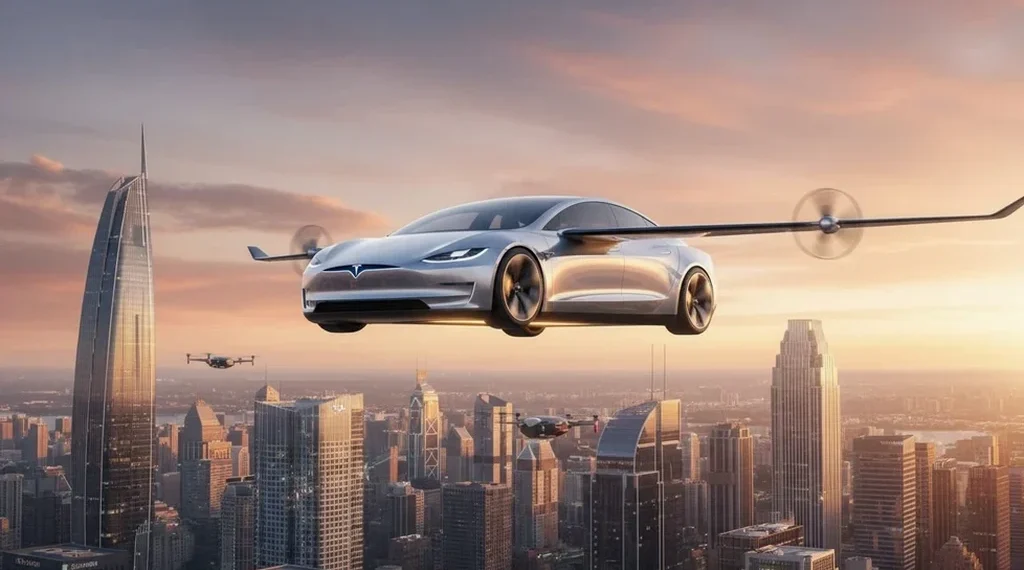 Sebuah gudang modern dengan desain industri yang canggih, menampilkan struktur yang ramping dan aerodinamis. Di dalam, model pesawat terbang Tesla diletakkan di samping berbagai peralatan penerbangan