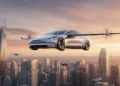 Sebuah gudang modern dengan desain industri yang canggih, menampilkan struktur yang ramping dan aerodinamis. Di dalam, model pesawat terbang Tesla diletakkan di samping berbagai peralatan penerbangan