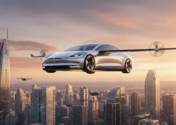 Sebuah gudang modern dengan desain industri yang canggih, menampilkan struktur yang ramping dan aerodinamis. Di dalam, model pesawat terbang Tesla diletakkan di samping berbagai peralatan penerbangan