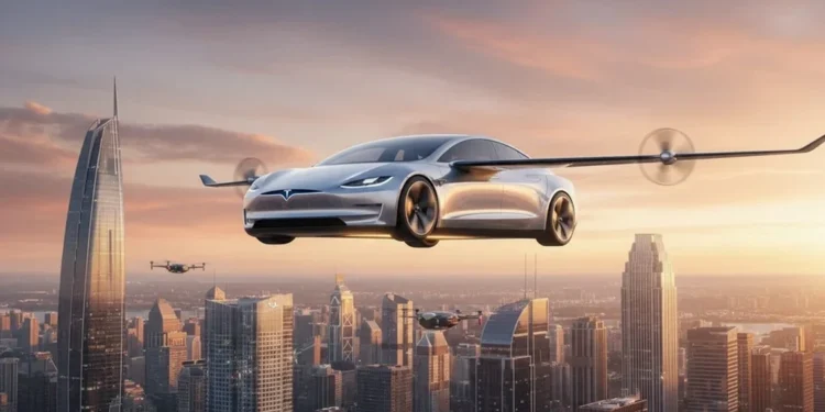 Pakar: Mobil Terbang Tesla Jarang Diproduksi Massal Sebuah gudang modern dengan desain industri yang canggih, menampilkan struktur yang ramping dan aerodinamis. Di dalam, model pesawat terbang Tesla diletakkan di samping berbagai peralatan penerbangan