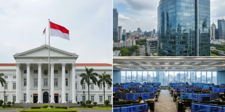 Adu Cuan Sektor Saham 2 Tahun Prabowo-Gibran: Teknologi Ungguli Keuangan Gedung Bursa Efek Indonesia di Jakarta dengan kaca modern yang menorehkan cahaya kota di malam hari. Dalam interior, lantai perdagangan tingkat tinggi ditampilkan dengan stasiun perdagangan tercanggih