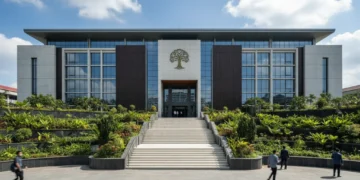 The image shows the entrance of the Ministry of Environment and Forestry, a modern building with a large logo, tall windows, and a lush garden, symbolizing environmental protection and a determined ap