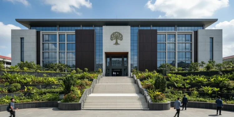 The image shows the entrance of the Ministry of Environment and Forestry, a modern building with a large logo, tall windows, and a lush garden, symbolizing environmental protection and a determined ap