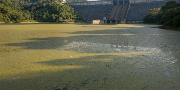 Ledakan Alga Menaungi Kehidupan Ikan di Danau Mawang, Sulsel Danau Mawang di Sulsel dengan permukaan air yang terhimpit oleh alga, menciptakan hiasan hijau yang menyebar. Di latar belakang, bangunan dam yang megah menonjol dengan dinding beton dan pintu penampu
