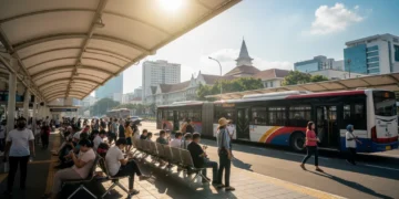 Sebuah pemandangan stasiun Transjakarta di Bandung pada hari Oktober yang panas. Stasiun ini berada di bawah atap besar dengan beberapa bangku untuk penumpang beristirahat. Matahari terik berada di la