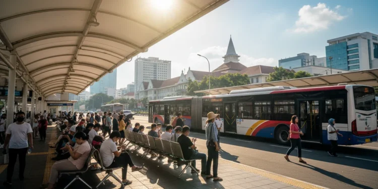 Sebuah pemandangan stasiun Transjakarta di Bandung pada hari Oktober yang panas. Stasiun ini berada di bawah atap besar dengan beberapa bangku untuk penumpang beristirahat. Matahari terik berada di la
