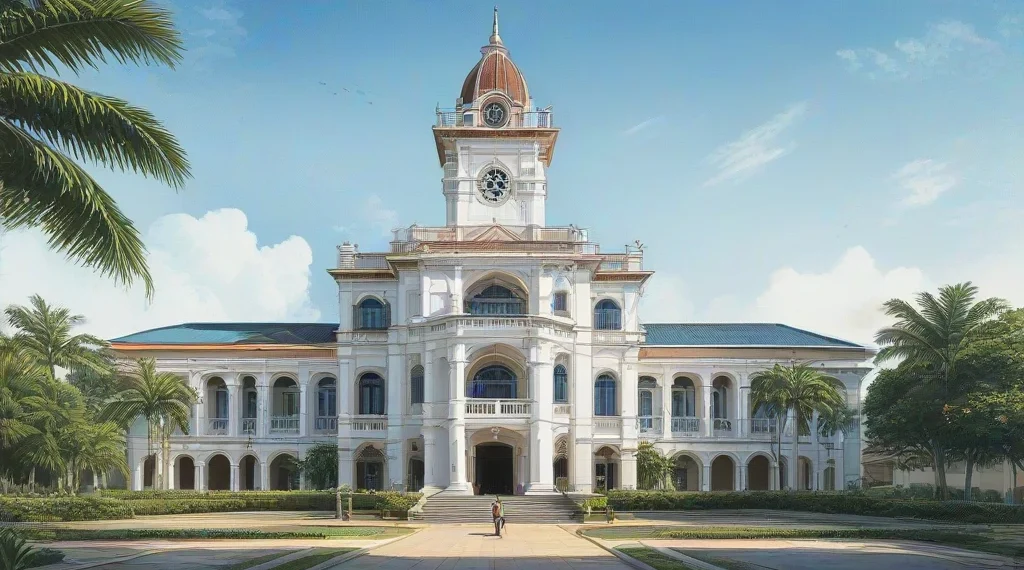 The image depicts the grand entrance of the Makassar City Hall with its intricate architecture and traditional Makassar motifs. Inside, the hall is bathed in warm light, and a group of children stand