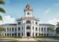 The image depicts the grand entrance of the Makassar City Hall with its intricate architecture and traditional Makassar motifs. Inside, the hall is bathed in warm light, and a group of children stand